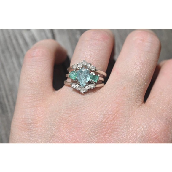Aquamarine and Emerald engagement ring set size 3 4 5 6 7 8 9 10 11 12 13 - Picture 6 of 6